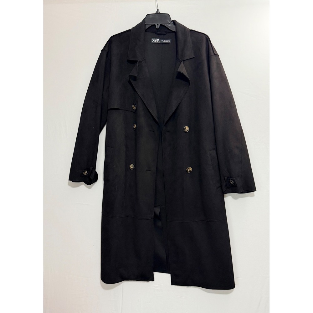 Zara Black Faux Suede Double Breasted Trench Coat Belted Long Jacket Large